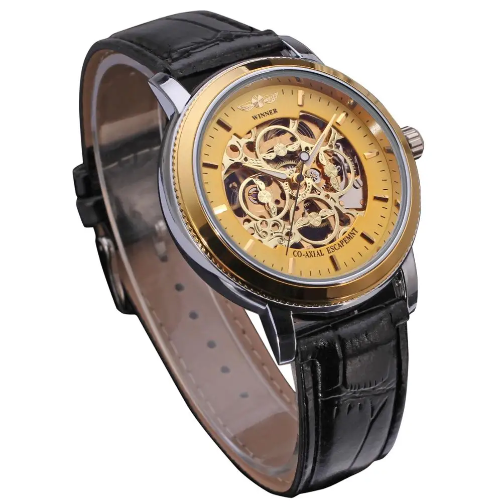 WINNER WATCH Stylish and trendy simple gold dial three hands, luxury low-key men's belt wrist watch