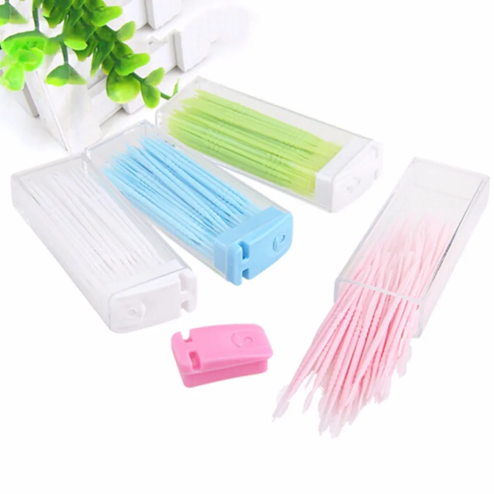 50pcs/pack 2 way Oral Dental Tooth Pick Plastic Interdental Brush Toothpick with Portable Case Random Color