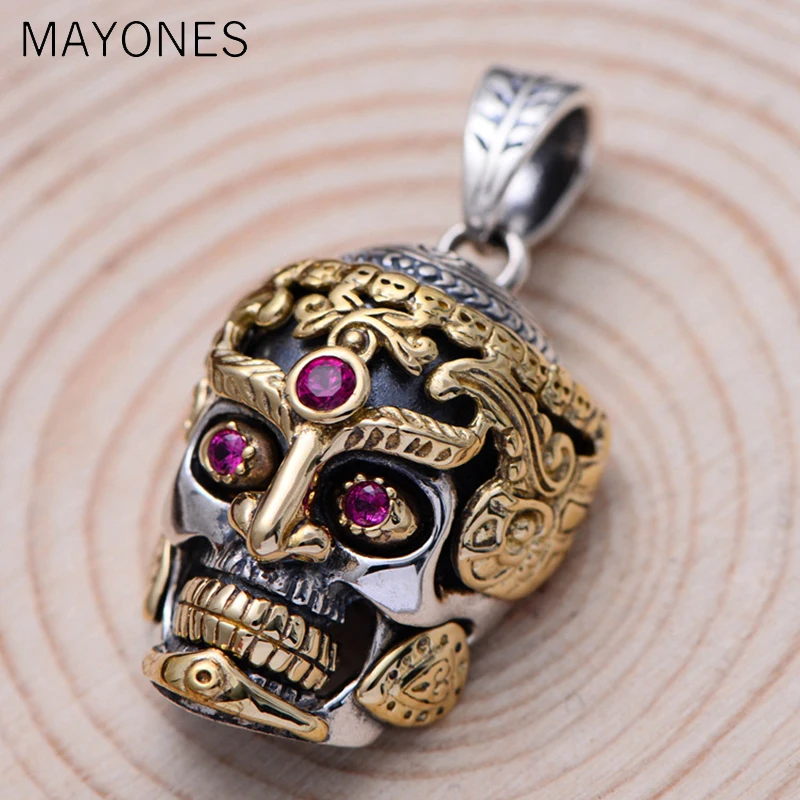 MAYONES Real 925 Sterling Silver Large Skull Pendant For Men Jewelry Vintage Punk Rock With Natural Red Corundum