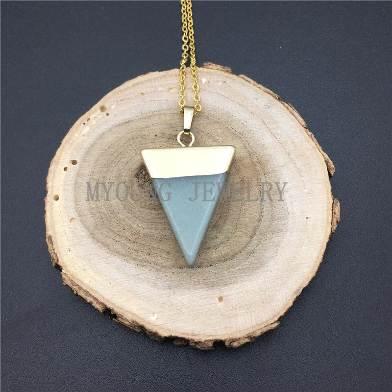 

MY0949 Triangle Aventurine Point Pendant, Gems Stone Pendant Gold Electroplated Chain Necklace kolye