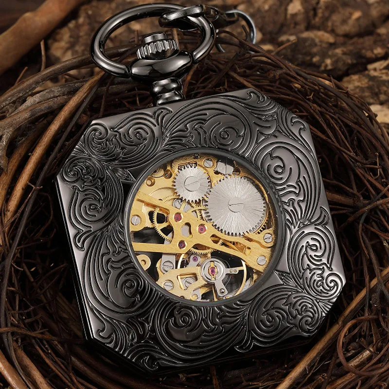 Black Hollow Chinese Mascot Lion Hand Wind Mechanical Pocket Watch Men Retro Skeleton Fob Chain Watch Steampunk Clock Gift Box