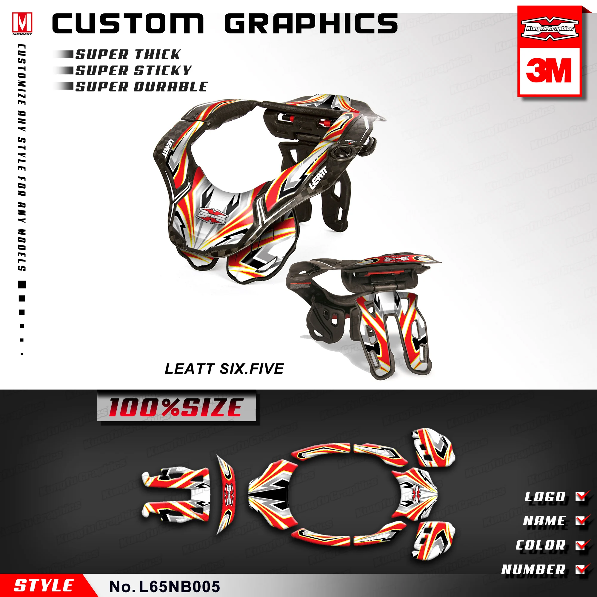 KUNGFU GRAPHICS MX Decals Motocross Stickers for Leatt DBX GPX 6.5 Six Five Neck Brace Decor S/M L/XL (Style no. L65NB005)