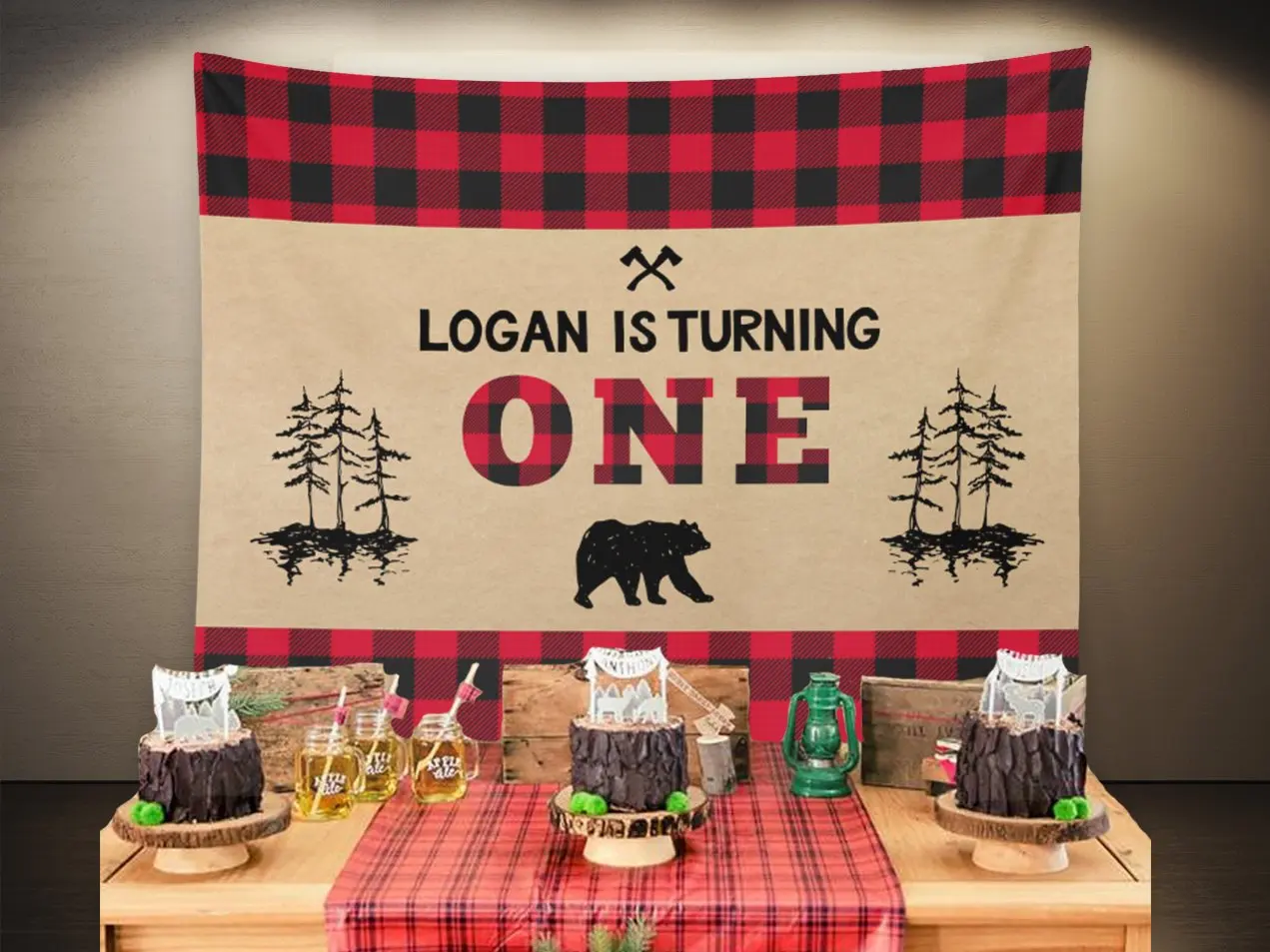 Custom Lumberjack Bear 1st Birthday backgrounds  High quality Computer print party photo backdrop