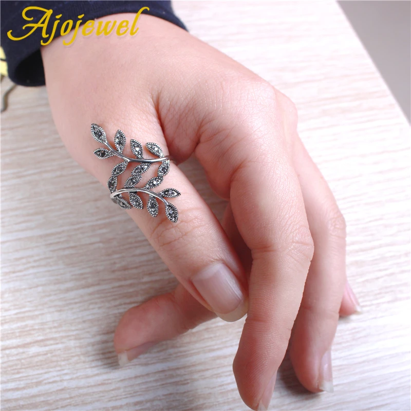 Ajojewel Women\'s Black Rhinestone Antique Leaf Ring Size 6-10 Hot Selling Vintage Female Jewelry Wholesale