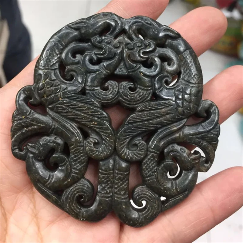 Charms Traditional Asia Ancient Vintage Sculpture Carving Art Pattern Black Semi Precious Stone Pendant For Necklace DIY Jewelry