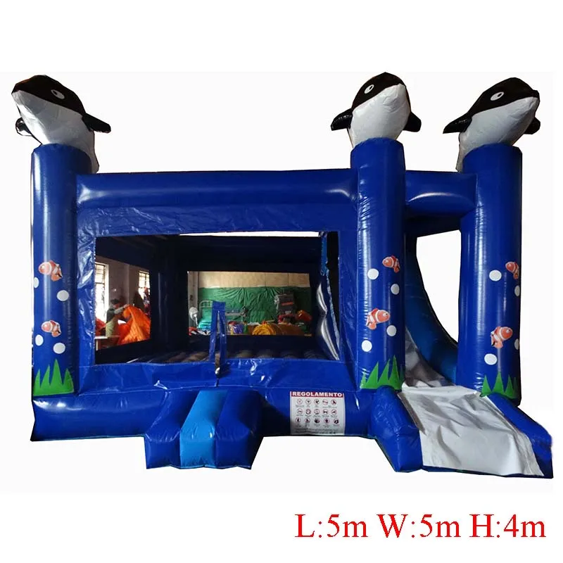 

Children's Amusement Park Water Inflatable Castle Cute Funny Dolphin Bouncing Slide With Swimming Pool PVC