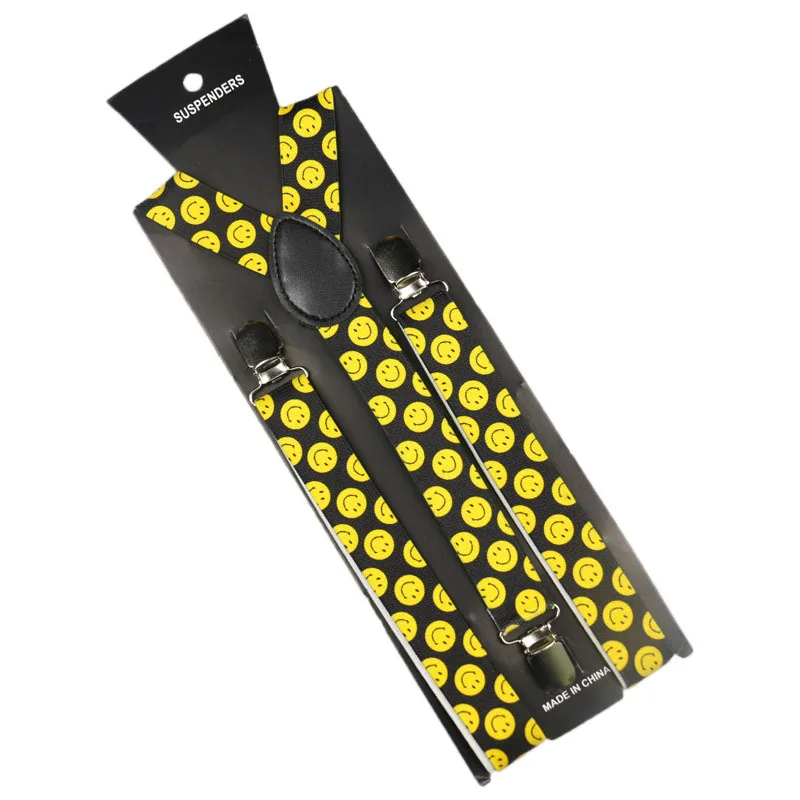 Winfox moda amarelo sorriso rosto suspensórios para mulheres homens preto branco 2.5cm de largura suspensórios elásticos suspensorio