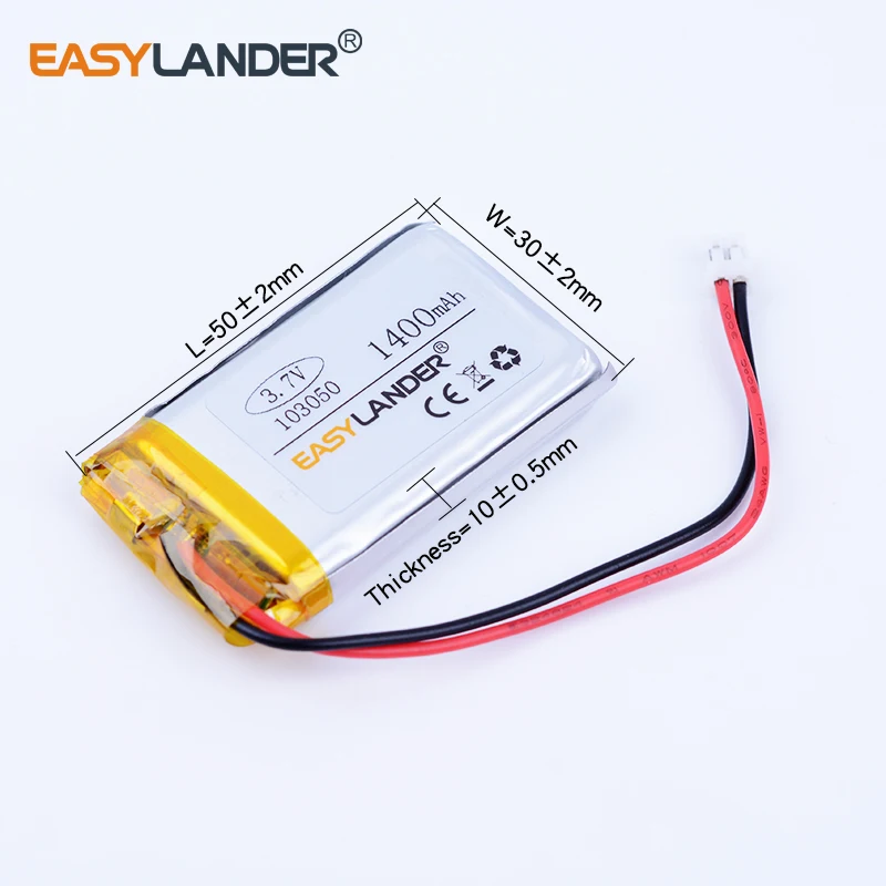 JST2.0 2P 103050 3.7V 1400mAh Rechargeable Lithium Li-ion Polymer Battery For mp3 mp4 mp5 toys DVR GPS GPS  103048