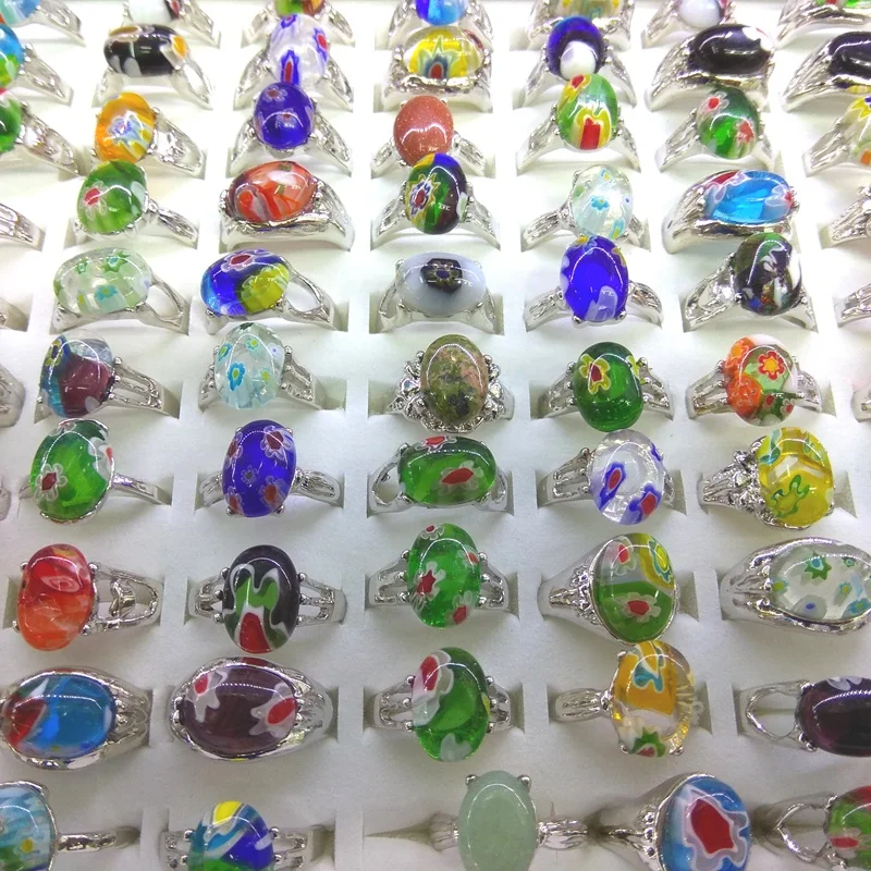 50pcs Mixed Lot Flower Design Murano Glass Rings For Women Wholesale