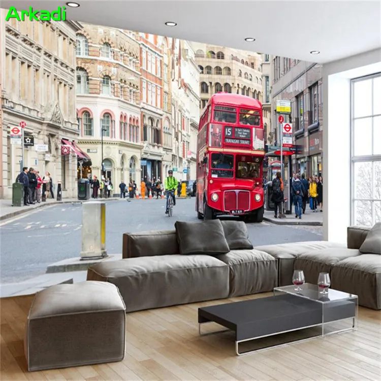 

Custom 3D photo wallpaper home decor mural retro vintage London street scene street bus restaurant mural background wall room