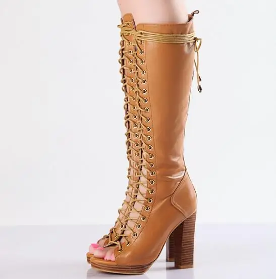 

Summer New Woman Brown Black Roman Style Peep Toe Gladiator Cuts Out Lace Up Front Square Heels Zipper Knee High Knight Boots