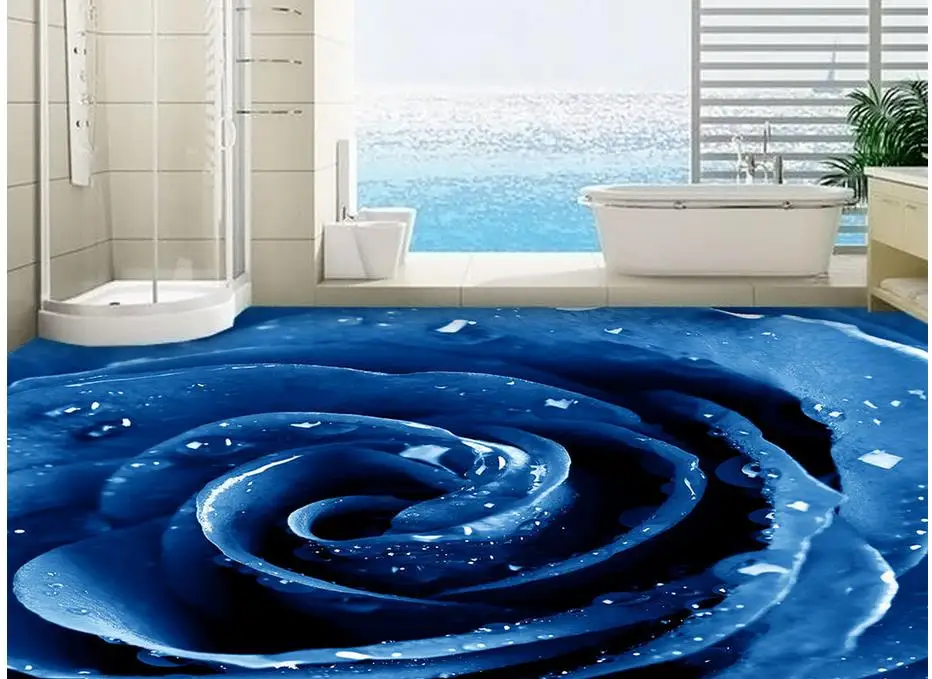 

3D stereoscopic wallpaper floor self-adhesive Floor wallpaper 3d for bathrooms PVC waterproof blue rose floor