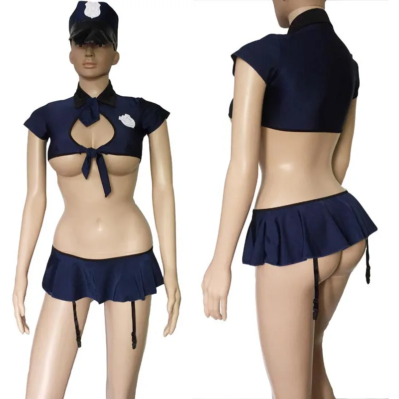 Sexy Polizei Frau Cop Uniform mit Front Fly Crop Top Micro Mini Rock mit Strumpfband Gürtel Fantasie Dessous Set