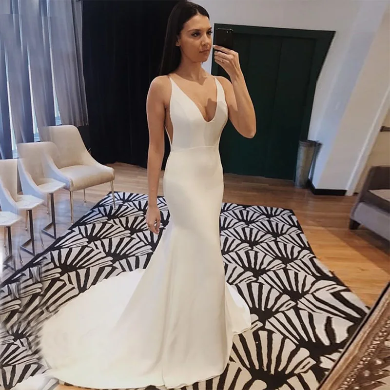 Vestidos De novia De sirena sin mangas, cuello en V, blanco, marfil, sencillos, Espalda descubierta, sexys, 2019