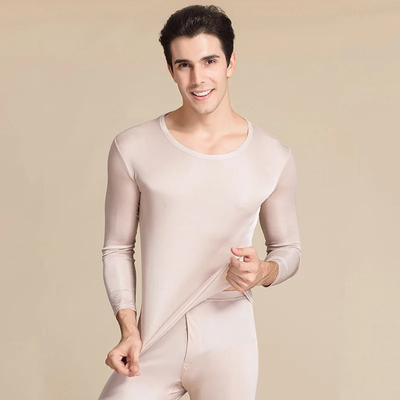 100% Silk Silk Knitting T-shirt Male Pure Thermal Underwear Sets Long Johns