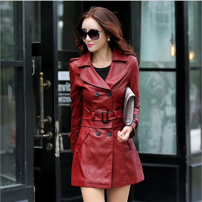 Hot 2024 Spring Autumn New Women Long Leather Jacket Slim Oversize Bow Belt Motorcycle PU Coat Female Trench