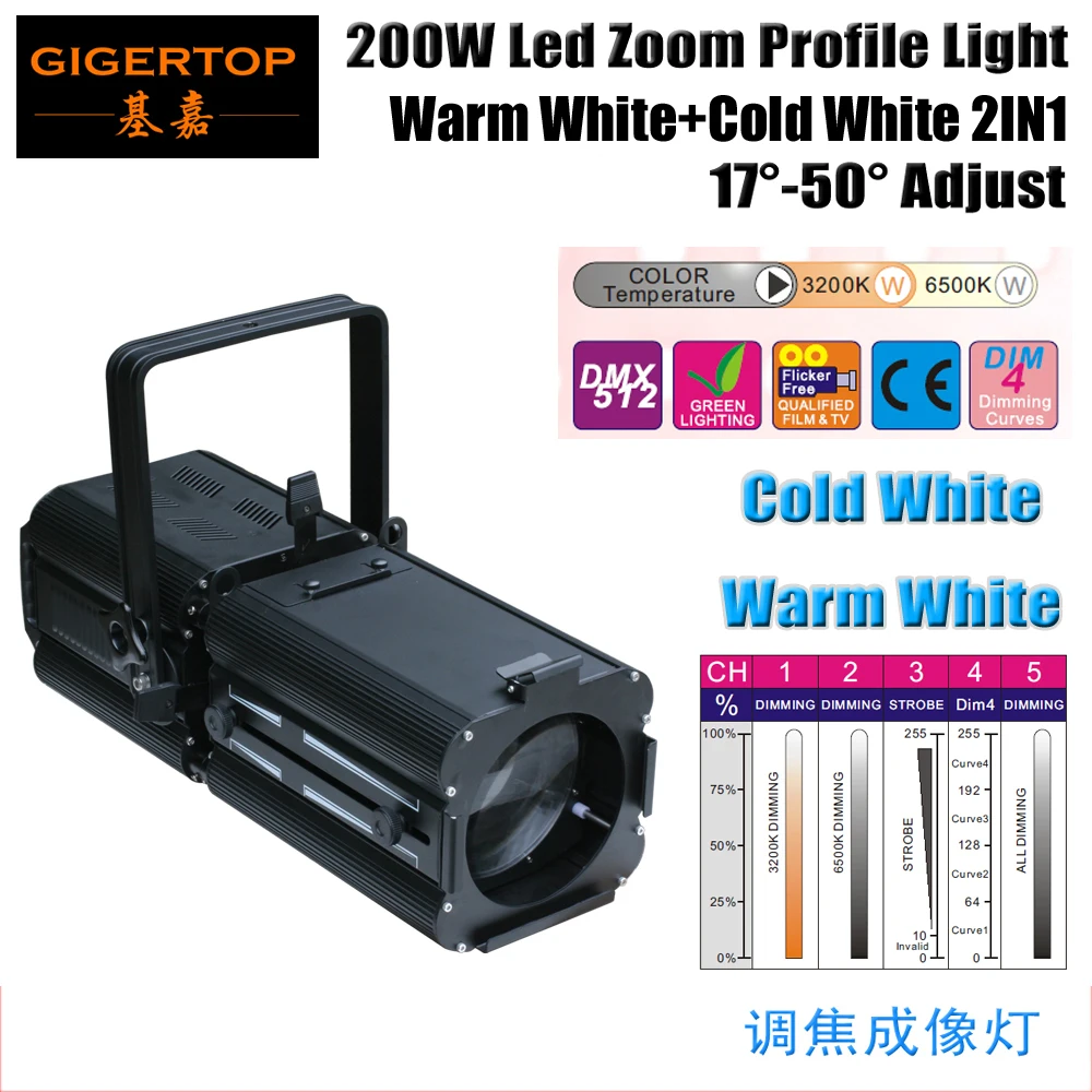 

Freeshipping Warm White/Cold White 200W 2in1 Led Profie Zoom Spot Audience Light 3200K/6500K DMX in/out IP20 3 Pin XLR TP-005