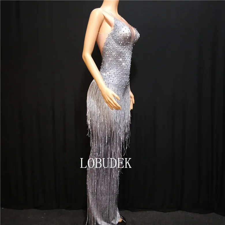 Sexy Women Gray Crystals Tassels Long Dress Birthday Party Elastic Skinny Package Hips Dress Singer Host Stage Nightclub Costume