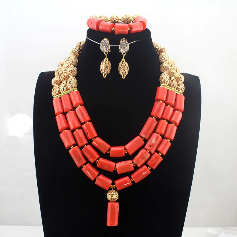 

New!! Orange Coral Pendant Necklace Set earrings Nigerian Wedding African Coral Jewelry Set Costume Bride jewelry Sets HD8566