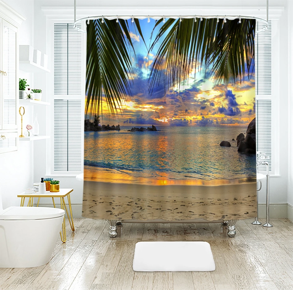 3d Sea View Pattern Shower Curtains Sunset Glow outside the Window Bathroom Curtain Thicken Waterproof Thickened Bath Curtain