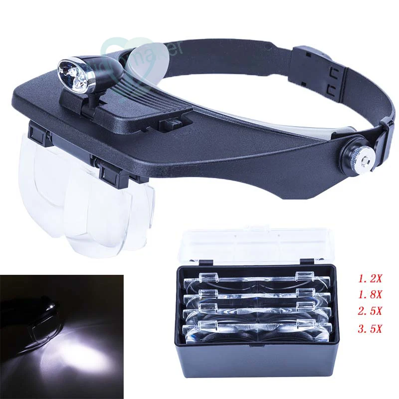 1 set Headband LED Lamp Magnifier Eyewear1.2X 1.8X 2.5X 3.5X Third Hand Dentist Magnifying Glass Read Repair Jewelry Loupe