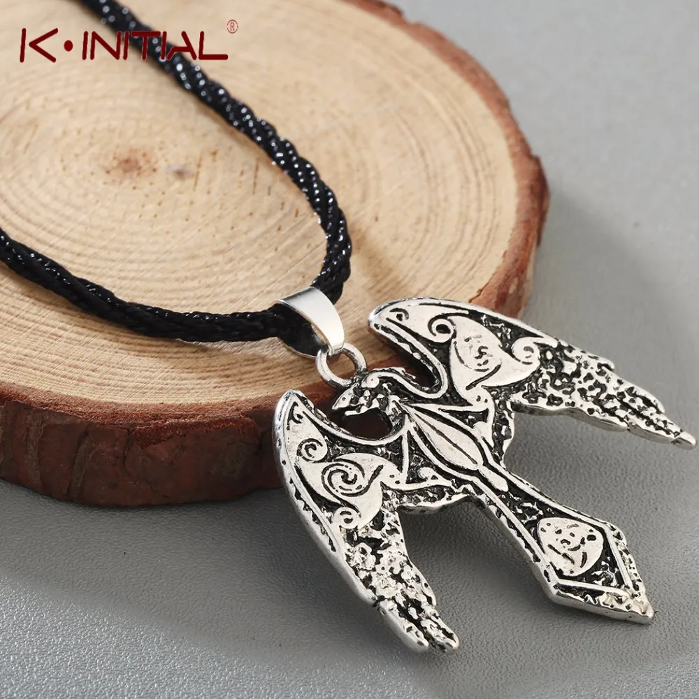 Kinitial Norse Viking Odin\'s Ravens Pendant Necklace Raven Triskelion Symbol Charm Animal Bird Necklaces Statement Runes Jewelry