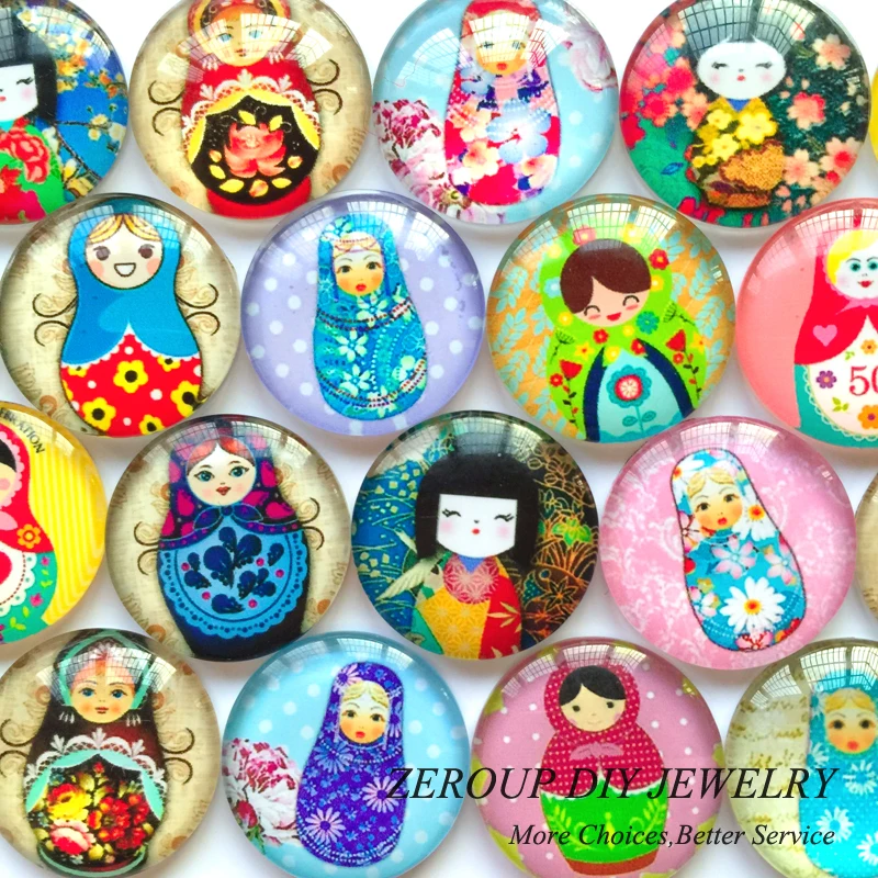 ZEROUP 12mm 20mm Photo Clear Round Glass Cabochon Matryoshka Mixed Pattern Cameo Base for Jewelry Embellishment Flatback