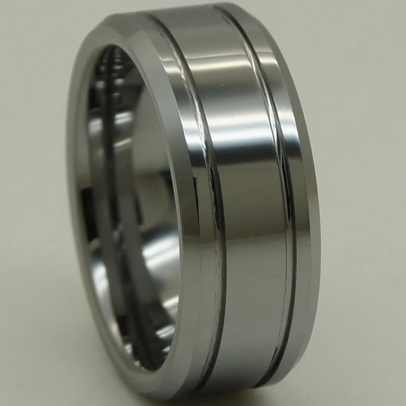 8mm width grey men/boy simple design small bevel 2line grooved scratch proof shiny tungsten ring