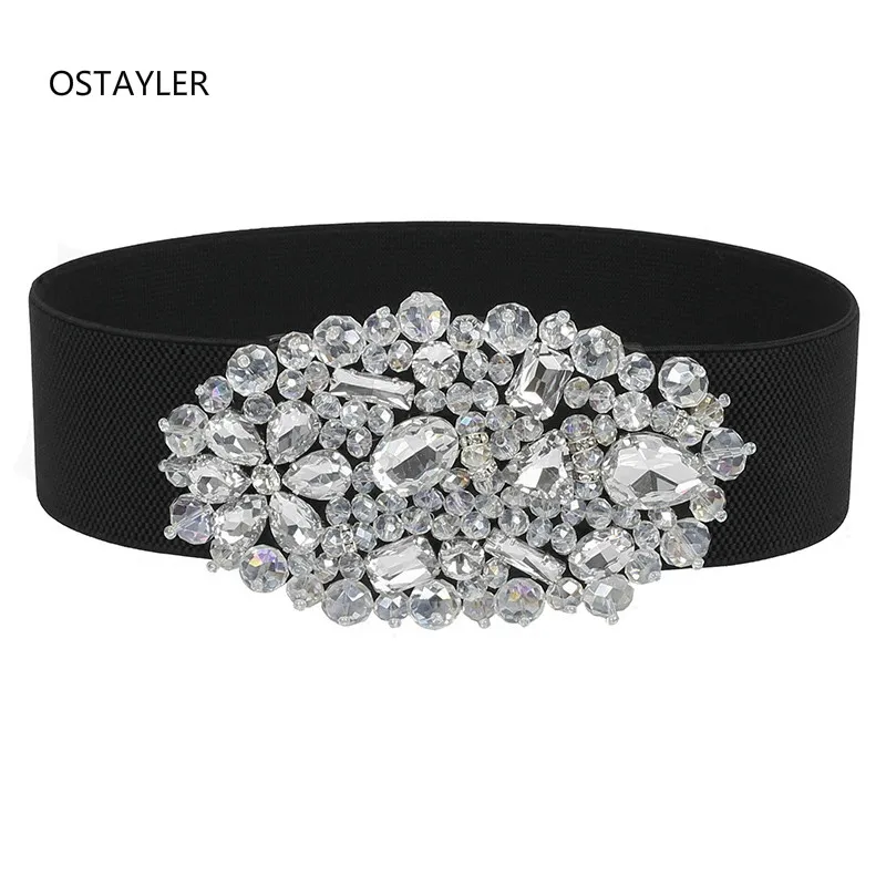 

High End 6CM Wide Elastic Dress Belts For WOmen White Grey Rhinestone Crystal Gem Female Waistband Cummerbund Girls Corset Belts