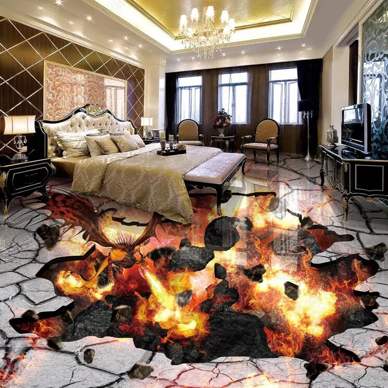 PVC Waterproof Floor Mural Wallpaper Modern Creative Flame Crack 3D Floor Painting Living Room Study Room Self-Adhesive Stickers