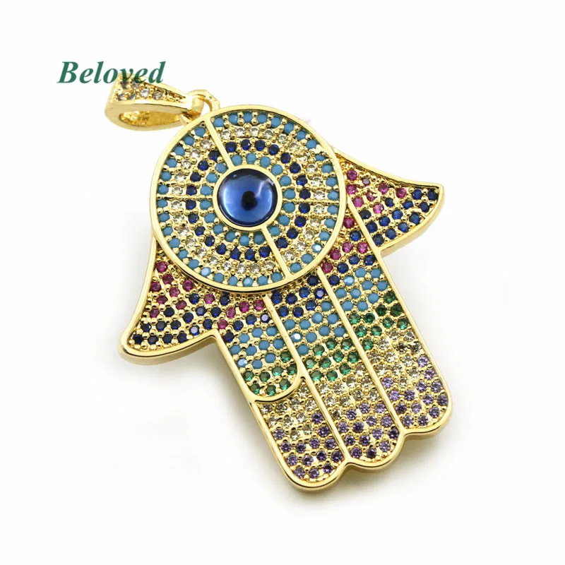 Big Fatima Hamsa Hand Turquoises Micro Paved CZ Zirconia Pendant, Cubic CZ Charms, Multicolor Metal Jewelry Findings, BG18152