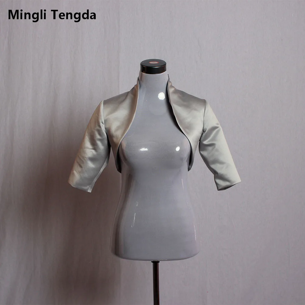 Zilver/Grijs Satin Wedding Bolero/Tippet/Shrug/Bruids Jas/Stola/Wrap Half Mouwen Gevoerd custom Made Mingli Tengda Cape Mantel