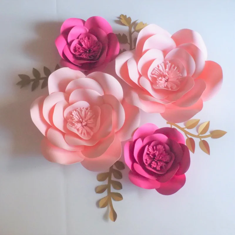 

2018 Artificial Handmade Giant Paper Flowers Backdrop 4PCS+Leaves 4PCS For Event Decorations Baby Nursery Baby Shower Table Deco