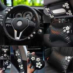 Cute Daisy Flower Car Interior Decoration Leather Steering Wheel Cover Hand brake Shifter Gear Cover Seatbelt Car Accessories