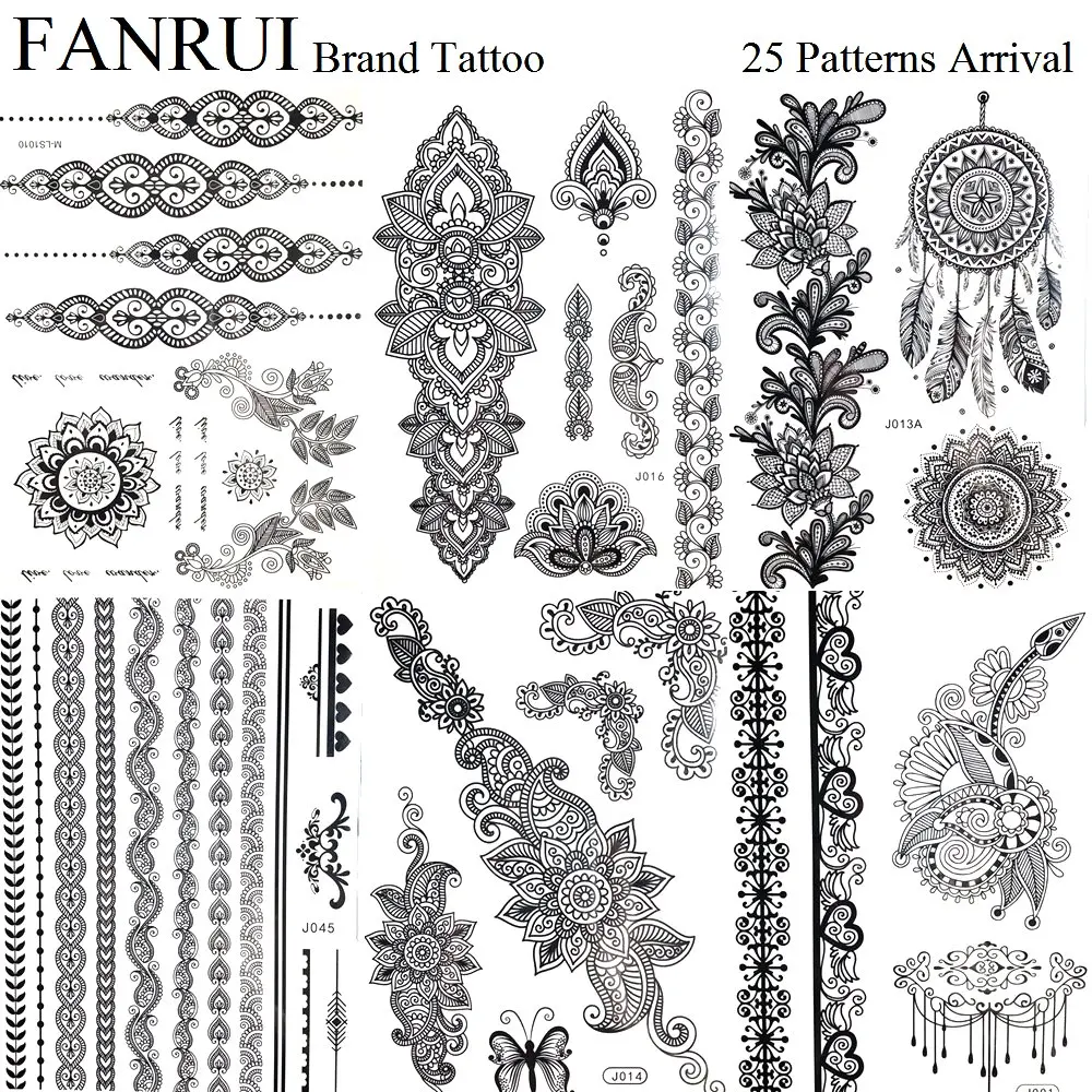 Black Lace Bracelet Henna Flower Temporary Tattoo Stickers Girl Body Arm Party Waterproof Tattoo Women Neck Sexy Fake Tatoo Hand