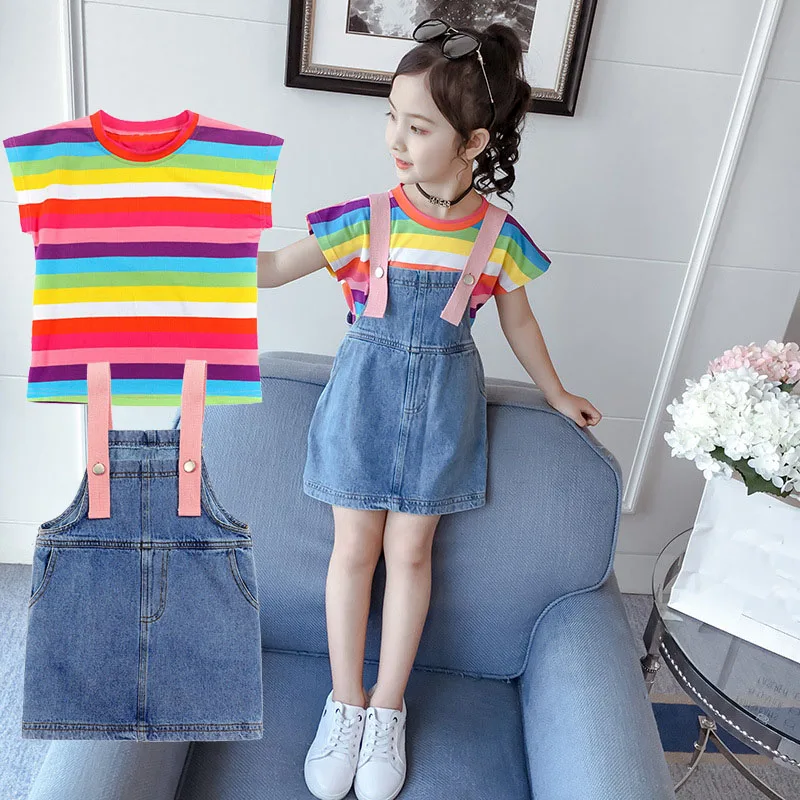 

4-10T Summer Fashion Girls Clothes Children Kids Girls Clothing Set Rainbow Color Short Sleeve T Shirt and Denim Straps Dress