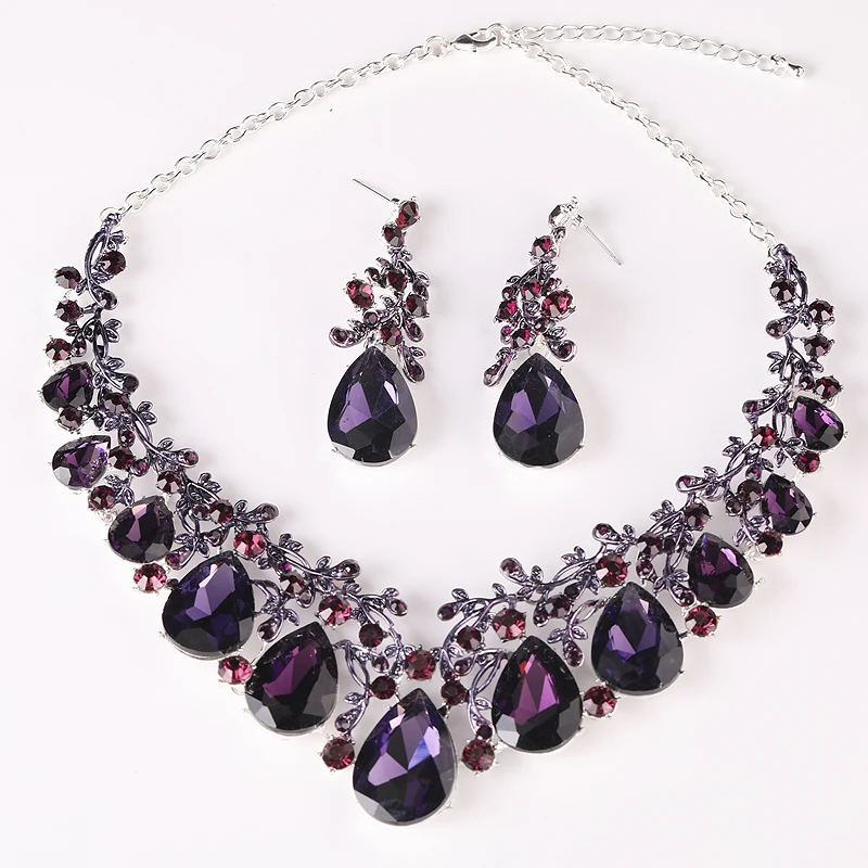 Bridal Party Wedding Jewelry Sets Statement Purple Delicate Crystal Rhinestones Necklace Earrings set Waterdrop Dress Accessorie