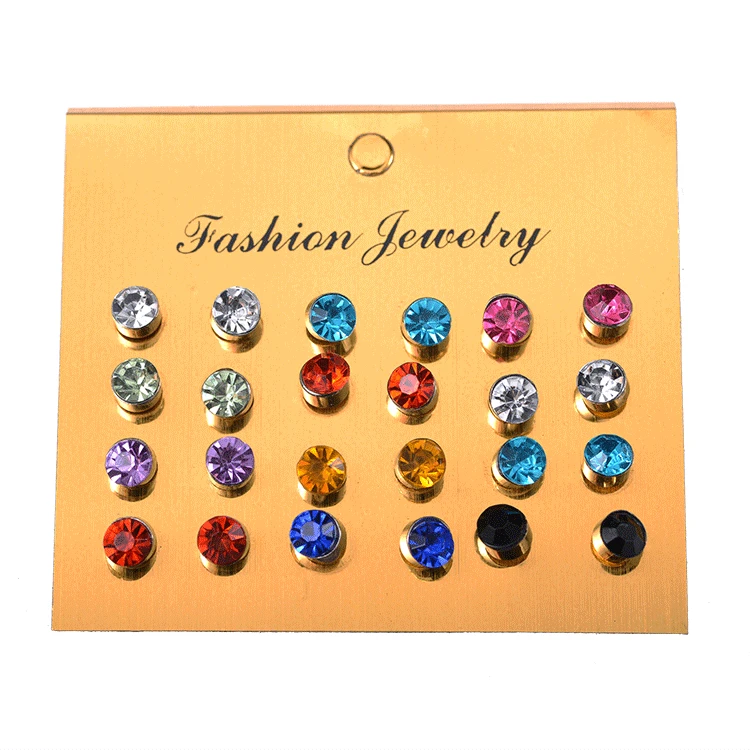 Explosion Models One Card Multi-color Small Fresh Color Shiny Zircon Small Earrings 12 Pairs Of Card Earrings Wholesale Brincos