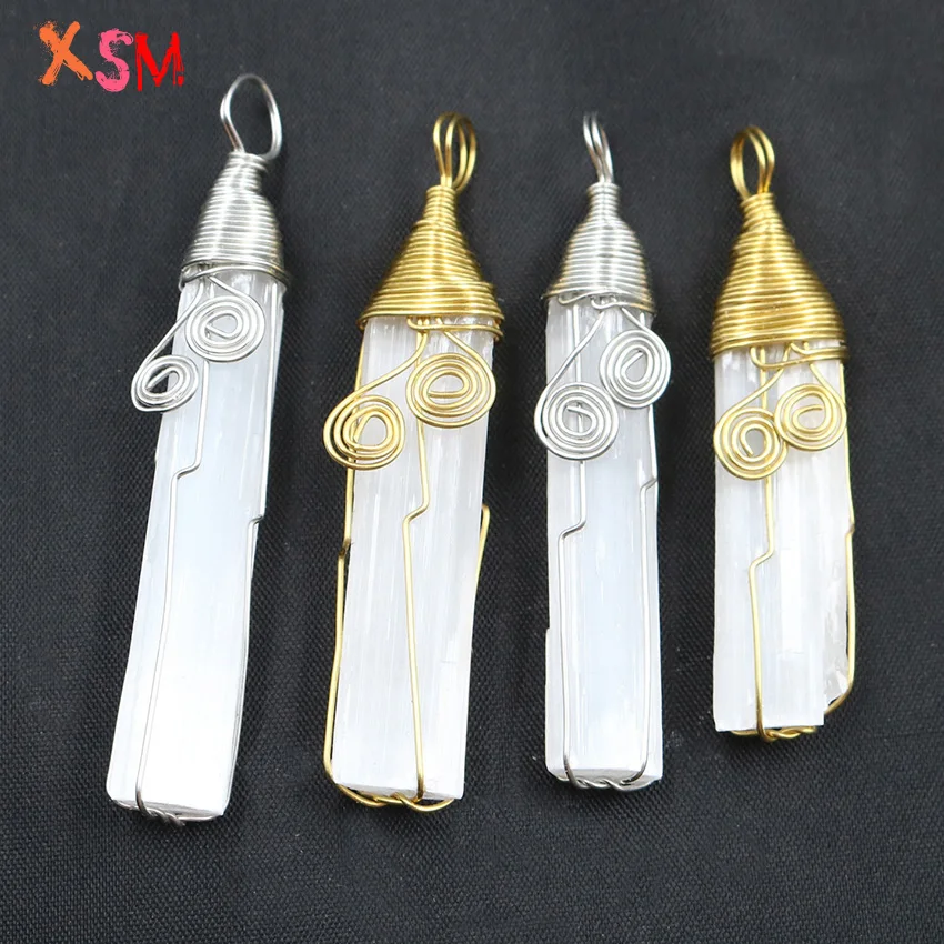 xinshangmie 1 Pcs Natural Raw Stone Wire Winding Selenite Pendant Irregular Column Gypsum Stone DIY Handmade Charms Jewelry