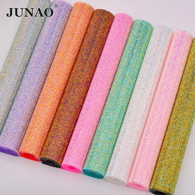 JUNAO SS6 Self Adhesive Pink AB Rhinestone Trim Mesh Fabric Decoration Crystal Ribbon Tape Diamond Strass Applique DIY Crafts