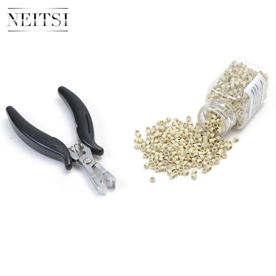 Neitsi Flat Shape Black Color Pliers and 500 Beads Silicone Micro Rings For Hair Extensions