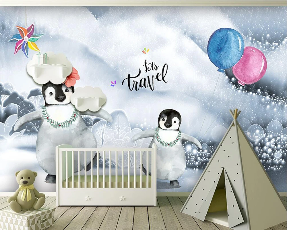 

Custom wallpaper Cute cartoon penguin balloon children's room background wall