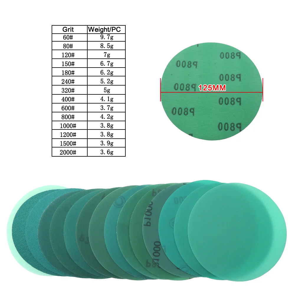 50Pcs 5 Inch 125mm 60 to 2000 Grits Hook and Loop Green PET Flocking Film Sanding Disc Sandpaper For Wood Car Metal Stone