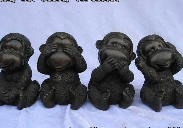 China Bronze Copper Silver Four Monkey No Listen No See No Say No Do Statue Set