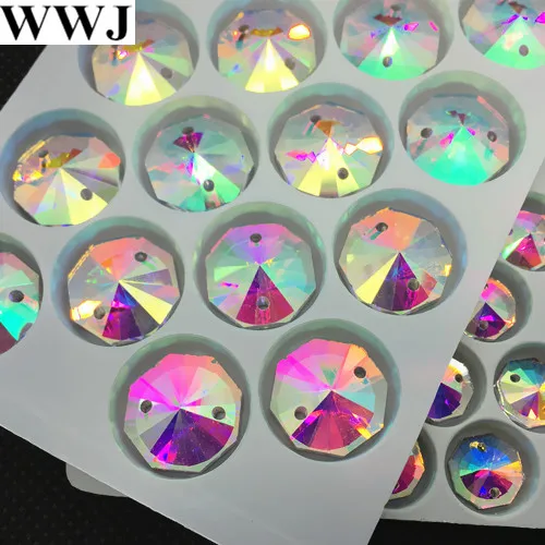 Wholesale Round Octagon Sew On Stone Crystal Clear AB Flatback 2 holes 10,12,14,16,18mm Shiny Sewing Glass Crystal Beads