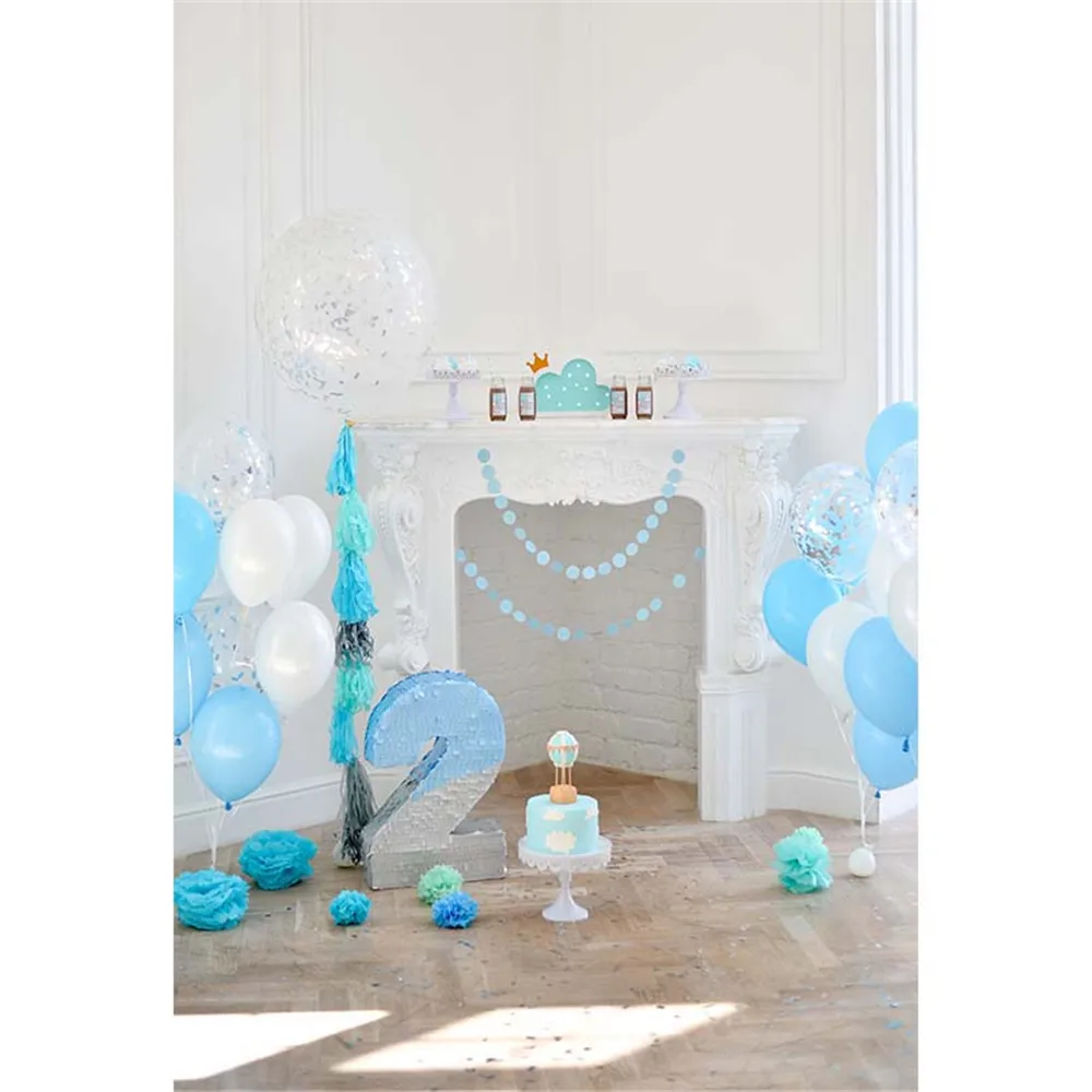 

Baby Boy's 2nd Birthday Photography Backdrops Printed White Blue Balloons Paper Flowers Cake Kids Party Photo Booth Background