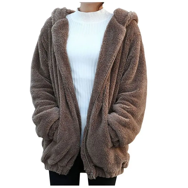 New Women Hoodies Zipper Girl Winter Loose Fluffy Bear Ear Hoodie Hooded Jacket Warm Outerwear Coat Cute Sweatshirt W1