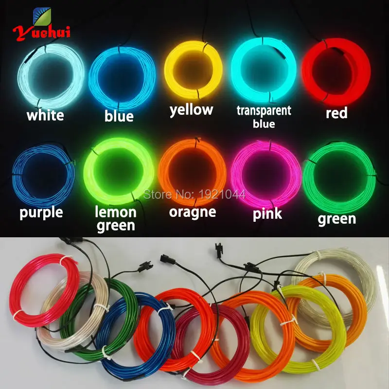 Flexible Neon Light Glow Rope Tape, EL Wire, Car, Easter Decoration with USB Inverter, 10 Colors, 2.3mm, 1-5 m