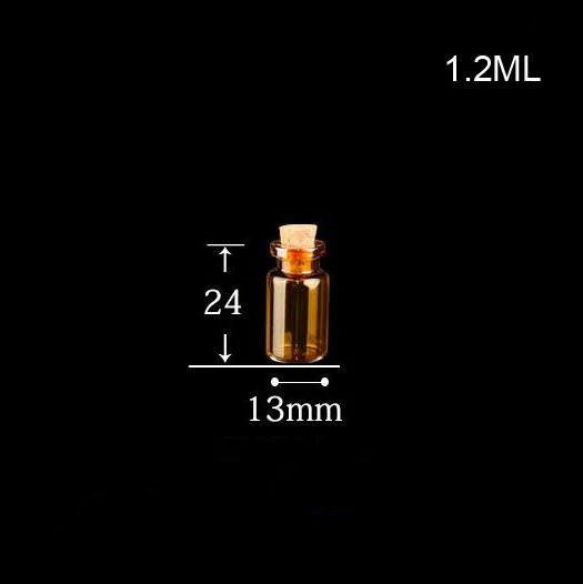 100pcs/lot 13*24*6mm 1.2ml Amber brown color Glass Bottles With Cork Empty Tiny Glass Vials Jars Small Wishing Bottle pendant