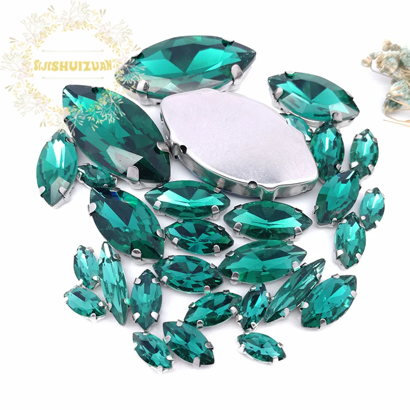 Silver Claw Setting 30pcs/Bag Malachite Green Horse Eye Shapes Mix Clear Gass Crystal Sew On Rhinestone Wedding Dress Shoes Bag